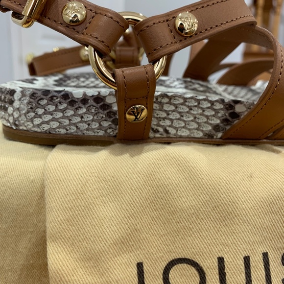 Louis Vuitton Python Sandals tan brown 36 6 snakeskin leather LV gold logo strap - Picture 4 of 16